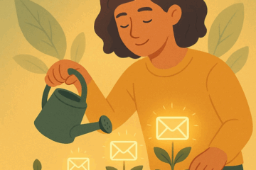 Illustration of a person watering small plants that grow into glowing email icons, symbolizing nurturing email list growth.