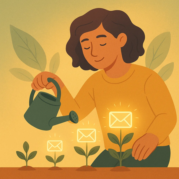 Illustration of a person watering small plants that grow into glowing email icons, symbolizing nurturing email list growth.