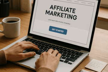 Hands typing on a laptop displaying “Affiliate Marketing” with a Get Started button on screen.