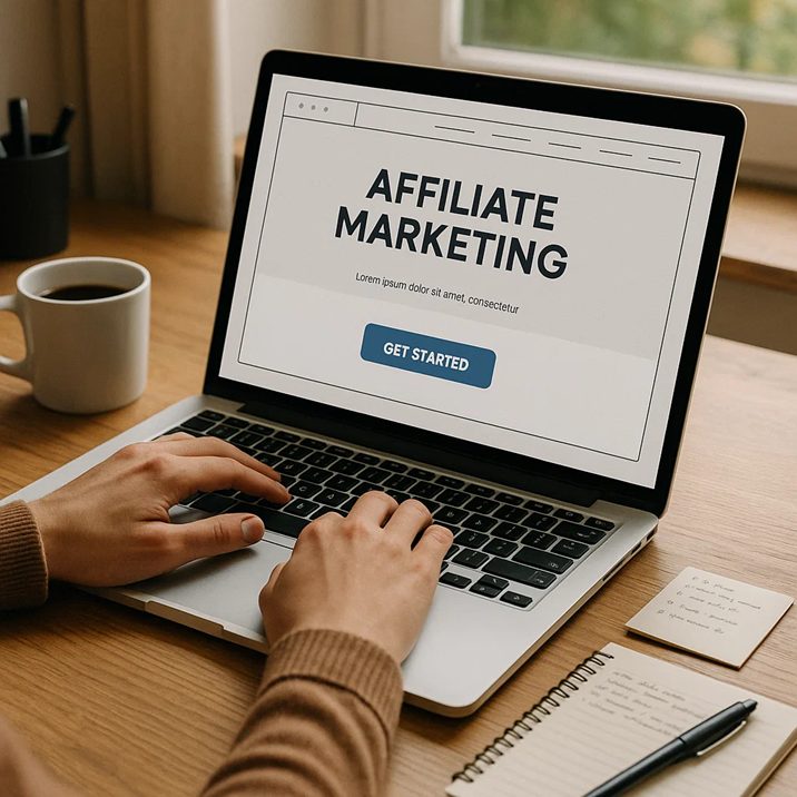 Hands typing on a laptop displaying “Affiliate Marketing” with a Get Started button on screen.