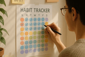 Person marking progress on a colorful habit tracker, showing the power of daily consistency in affiliate marketing.