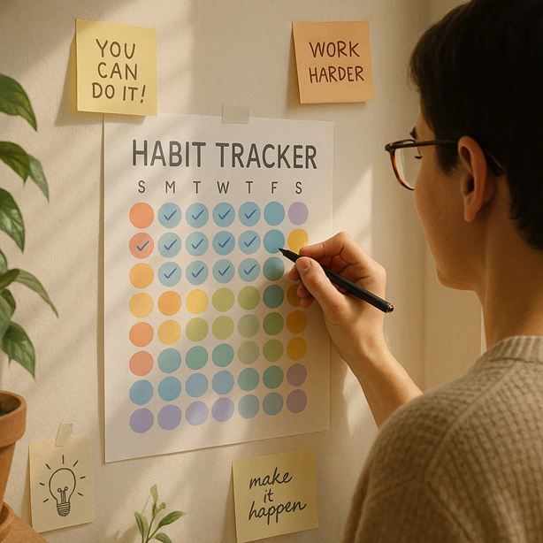 Person marking progress on a colorful habit tracker, showing the power of daily consistency in affiliate marketing.