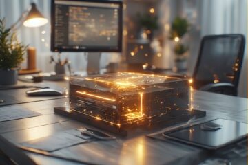 A glowing product box on a modern desk symbolizing premium products in high-ticket affiliate marketing.