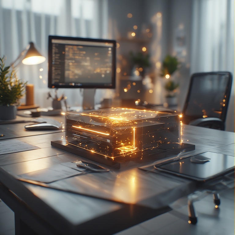 A glowing product box on a modern desk symbolizing premium products in high-ticket affiliate marketing.