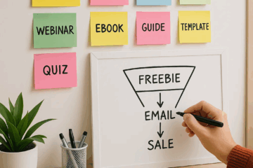 Hand drawing a simple sales funnel diagram labeled Freebie, Email, and Sale beneath sticky notes with lead magnet ideas.