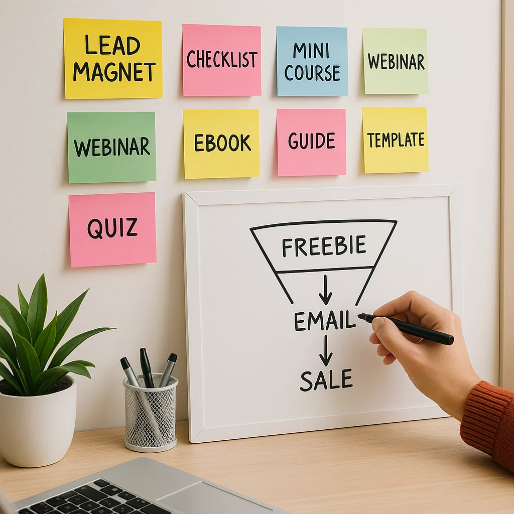 Hand drawing a simple sales funnel diagram labeled Freebie, Email, and Sale beneath sticky notes with lead magnet ideas.