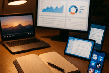 A desk with a notebook surrounded by multiple digital screens and devices displaying videos, charts, and social media icons, symbolizing how one piece of content can be expanded into multiple traffic sources.