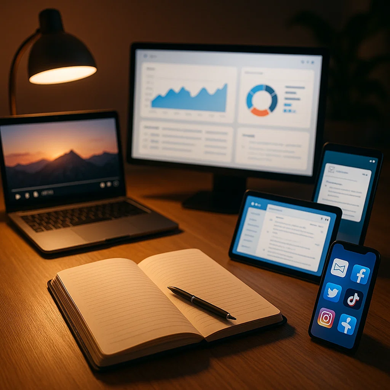A desk with a notebook surrounded by multiple digital screens and devices displaying videos, charts, and social media icons, symbolizing how one piece of content can be expanded into multiple traffic sources.