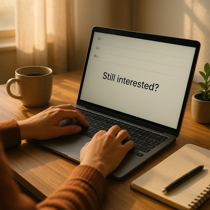 Person typing “Still interested?” on a laptop screen while writing a re-engagement email.
