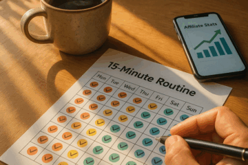 A cozy morning desk with a habit tracker labeled “15-Minute Routine,” a steaming coffee cup, and a phone showing rising affiliate stats.