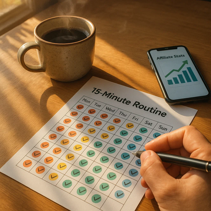A cozy morning desk with a habit tracker labeled “15-Minute Routine,” a steaming coffee cup, and a phone showing rising affiliate stats.