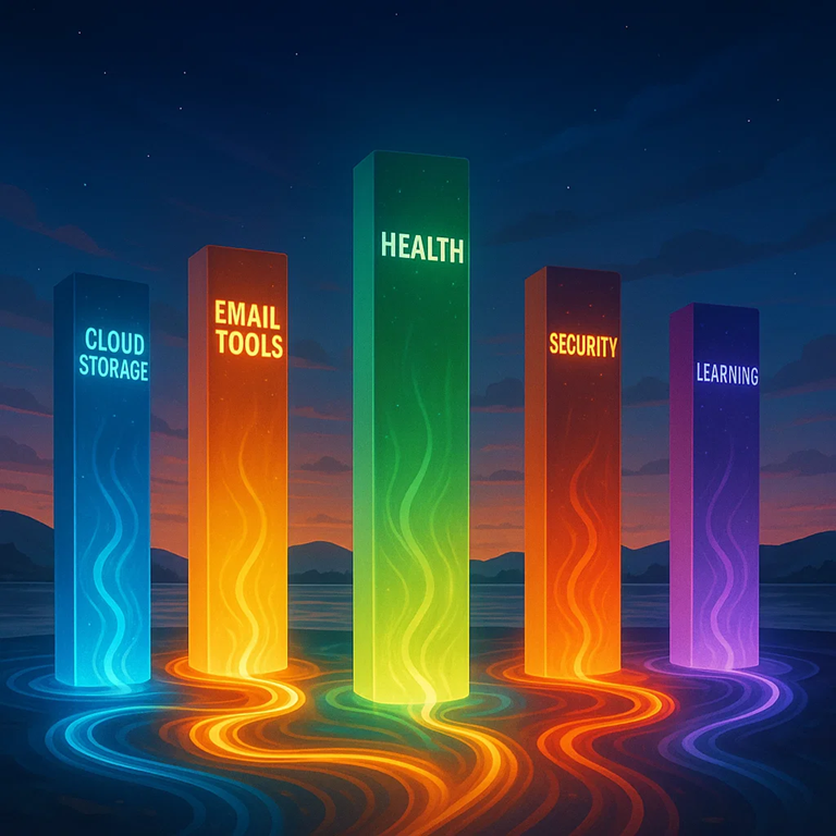 Five glowing pillars labeled Cloud Storage, Email Tools, Health, Security, and Learning, representing stable affiliate niches with recurring income.