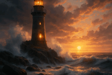 A lighthouse glowing at sunset with waves crashing around it, symbolizing guidance, trust, and long term stability.