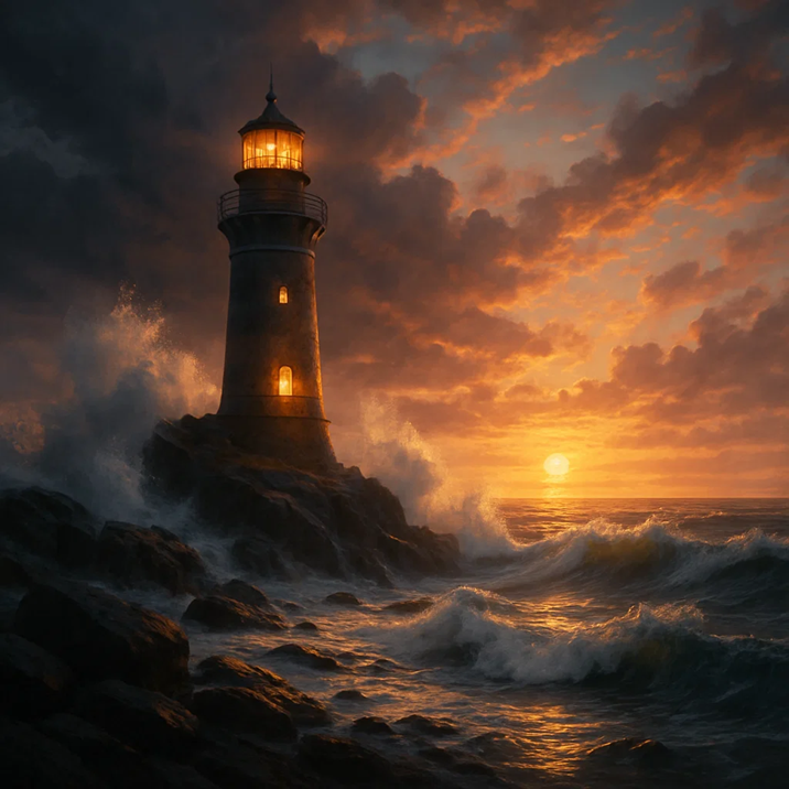 A lighthouse glowing at sunset with waves crashing around it, symbolizing guidance, trust, and long term stability.