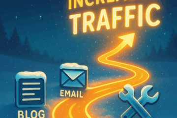 A glowing holiday themed path leading upward toward increased traffic, surrounded by icons for blog content, email marketing, and digital tools.
