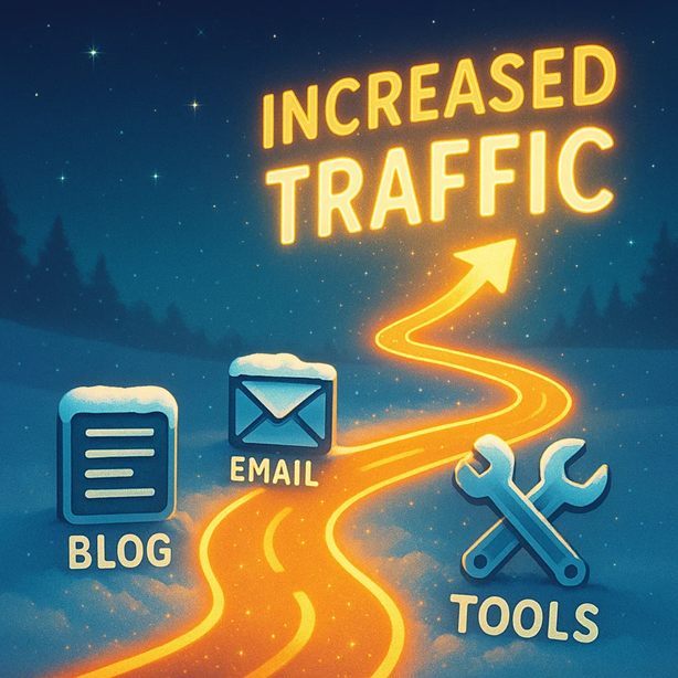 A glowing holiday themed path leading upward toward increased traffic, surrounded by icons for blog content, email marketing, and digital tools.