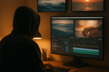 A hooded video creator editing faceless content on a large screen with ocean and typing clips glowing softly in warm light.