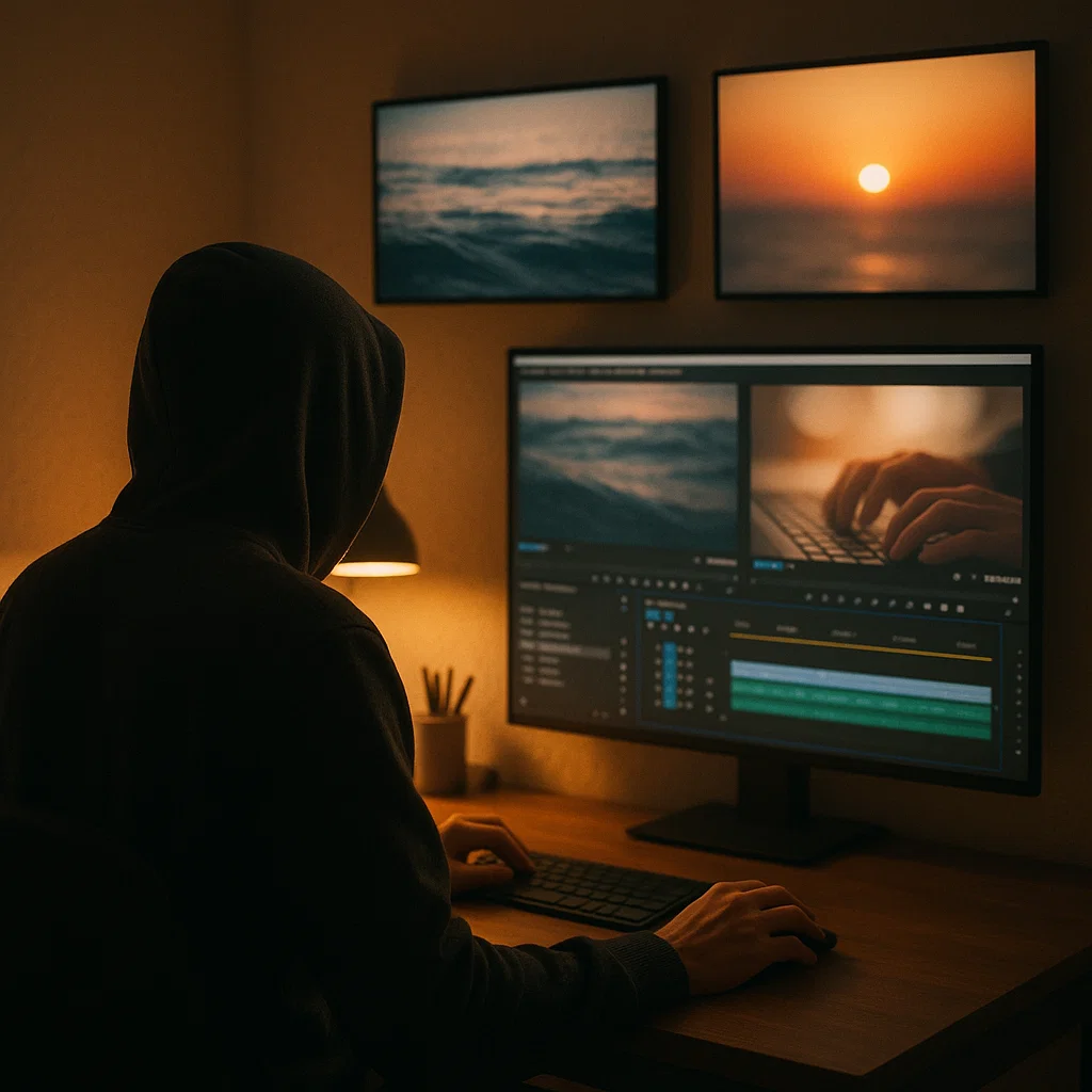 A hooded video creator editing faceless content on a large screen with ocean and typing clips glowing softly in warm light.