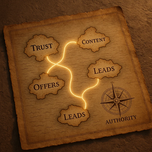 A vintage-style map glowing with connected paths labeled Trust, Content, Offers, Leads, and Authority, symbolizing how Google Sites connects key elements of affiliate marketing.