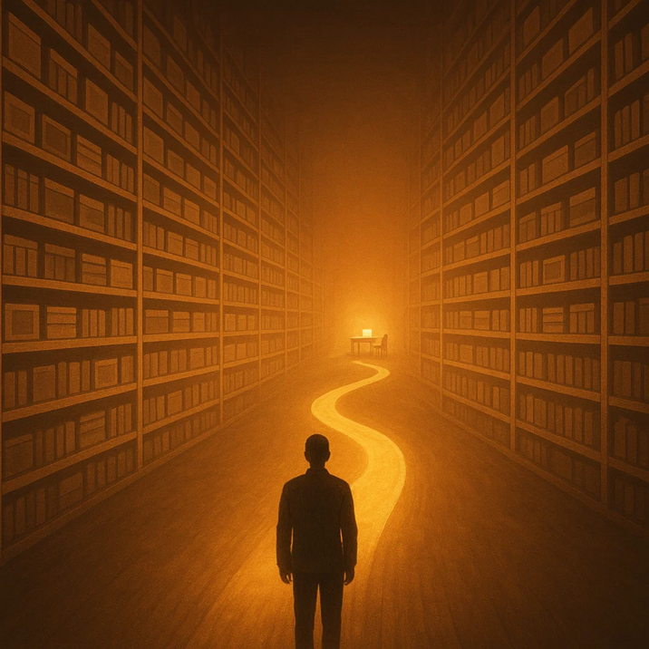 A person standing in a vast glowing library with a golden path leading to a bright desk, symbolizing the journey of gaining authority through guest posting.