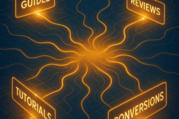Glowing network illustration showing the words Guides, Reviews, Tutorials, and Conversions connected by bright orange pathways.