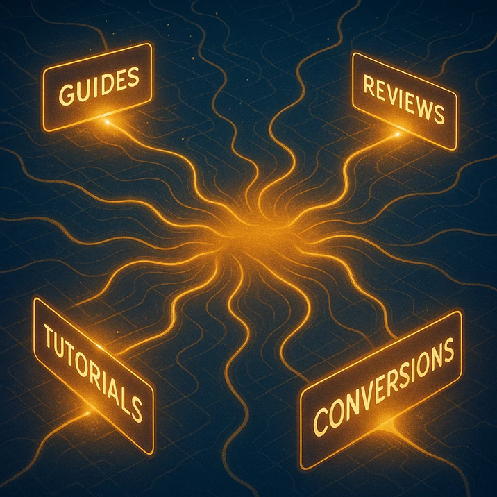 Glowing network illustration showing the words Guides, Reviews, Tutorials, and Conversions connected by bright orange pathways.