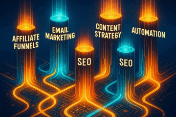 Colorful digital illustration showing glowing pillars labeled Affiliate Funnels, Email Marketing, Content Strategy, SEO, and Automation, all connected by bright paths to represent a siloed content structure.
