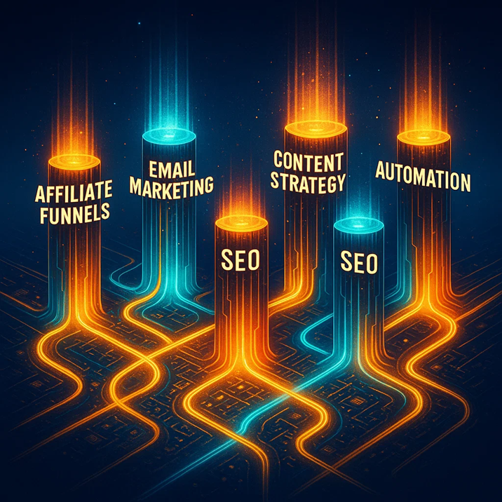 Colorful digital illustration showing glowing pillars labeled Affiliate Funnels, Email Marketing, Content Strategy, SEO, and Automation, all connected by bright paths to represent a siloed content structure.