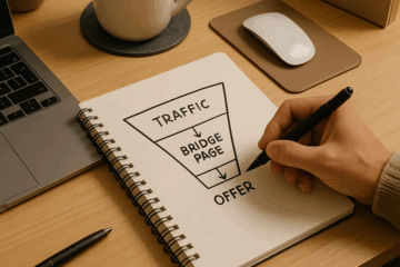 Person sketching a simple affiliate funnel diagram labeled Traffic, Bridge Page, and Offer in a notebook beside a laptop and coffee cup.