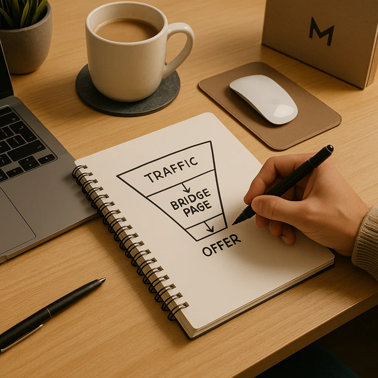 Person sketching a simple affiliate funnel diagram labeled Traffic, Bridge Page, and Offer in a notebook beside a laptop and coffee cup.