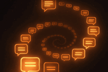 A glowing spiral of orange chat bubbles representing a retargeting sequence through communication and connection.