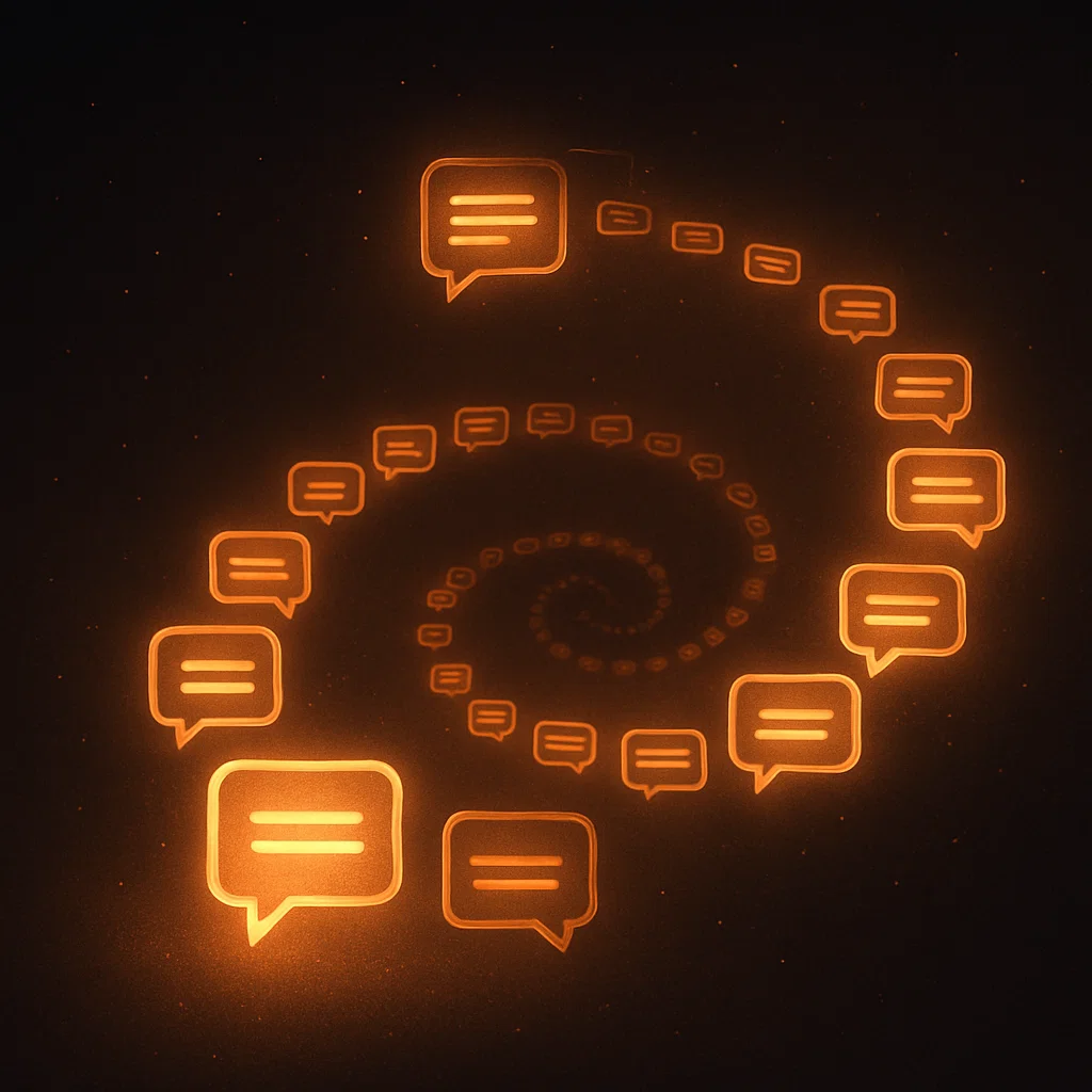 A glowing spiral of orange chat bubbles representing a retargeting sequence through communication and connection.