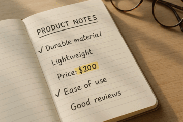 An open notebook with handwritten product notes and checkmarks, highlighting features and price, with a pair of glasses nearby on a wooden desk.