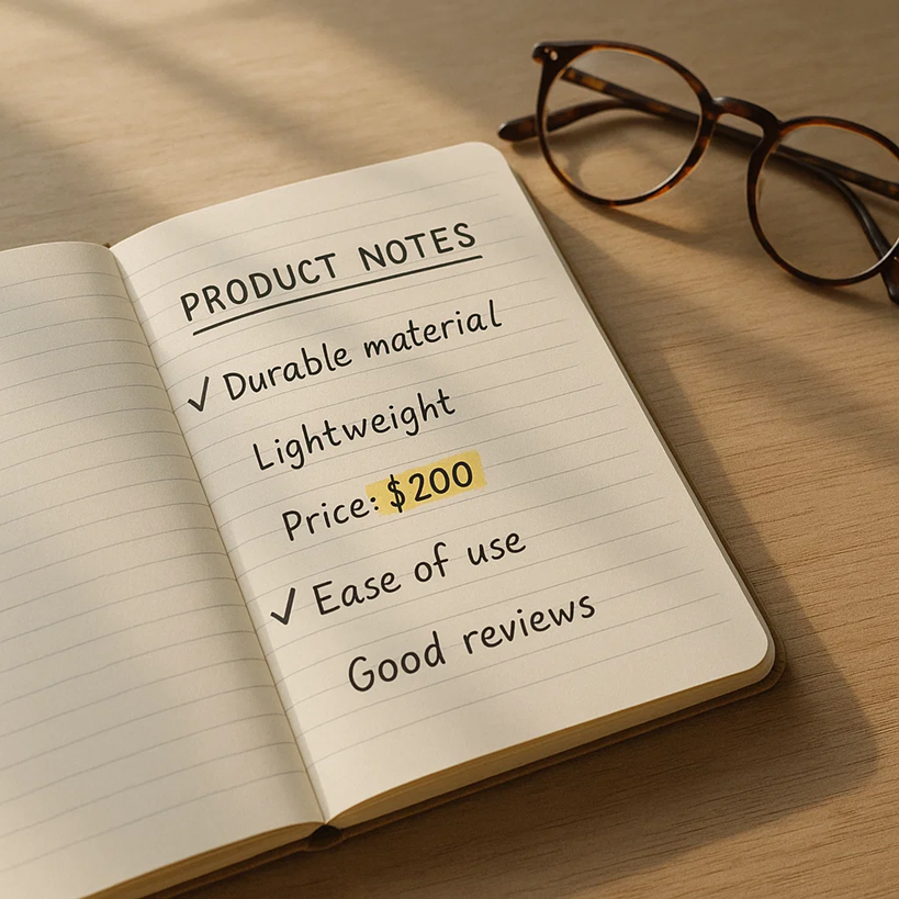 An open notebook with handwritten product notes and checkmarks, highlighting features and price, with a pair of glasses nearby on a wooden desk.
