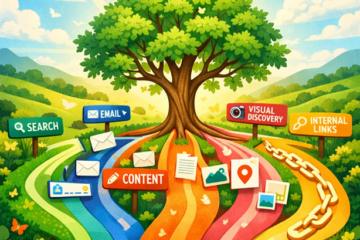 Illustration of a large tree with colorful paths representing organic traffic sources like search, email, content, visual discovery, and internal links.