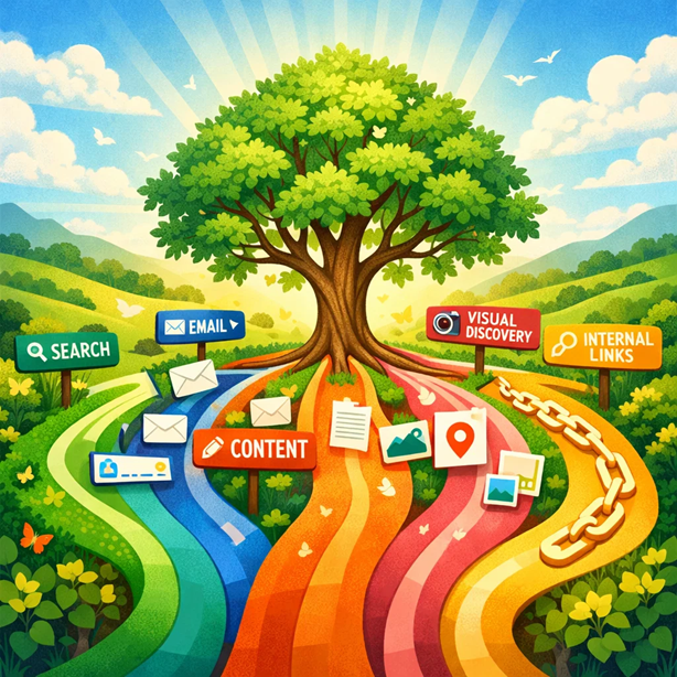Illustration of a large tree with colorful paths representing organic traffic sources like search, email, content, visual discovery, and internal links.
