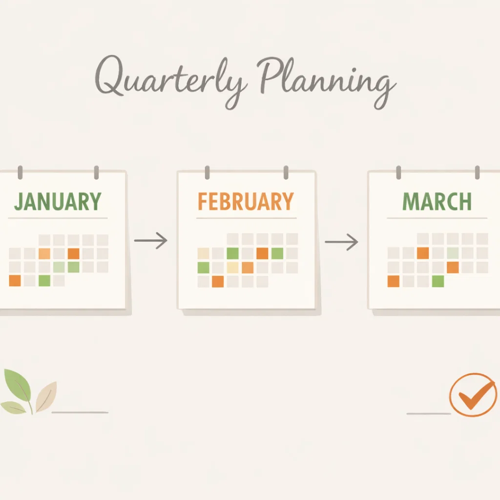 Quarterly planning illustration showing January, February, and March calendars connected by arrows.
