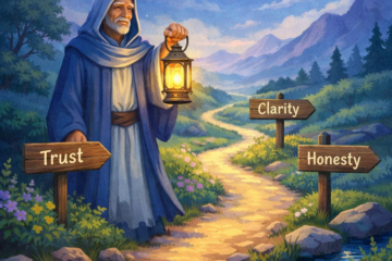 A wise guide holding a lantern at night, illuminating a peaceful path with signposts labeled trust, clarity, and honesty.