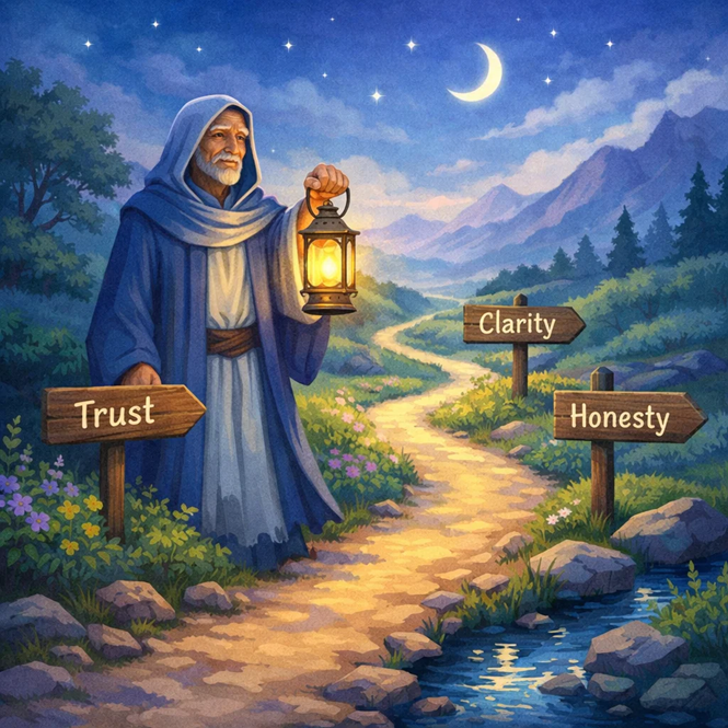 A wise guide holding a lantern at night, illuminating a peaceful path with signposts labeled trust, clarity, and honesty.

