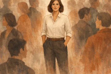 A confident individual standing calmly in a crowd, symbolizing personal branding through authenticity and trust.