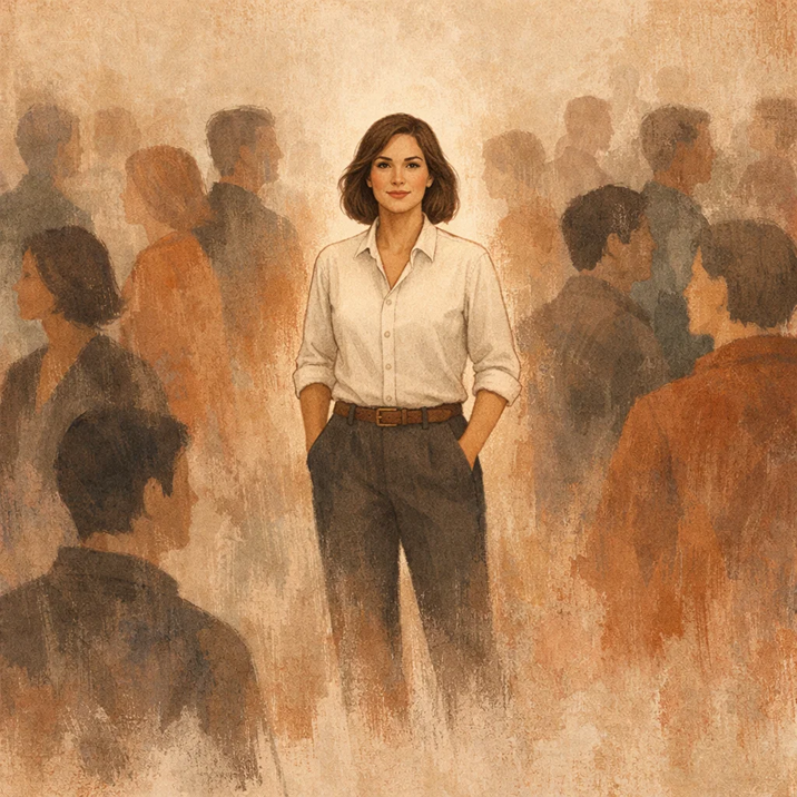 A confident individual standing calmly in a crowd, symbolizing personal branding through authenticity and trust.