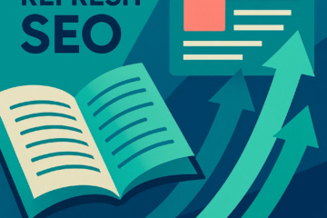 Illustration showing an open book transforming into updated digital content with upward arrows, representing content refresh and SEO growth.