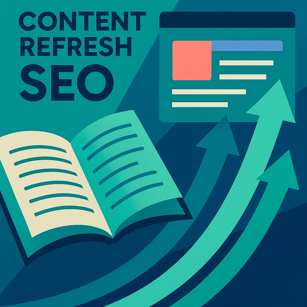 Illustration showing an open book transforming into updated digital content with upward arrows, representing content refresh and SEO growth.