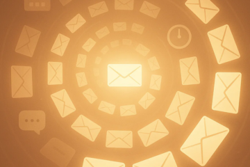 A glowing spiral of email icons symbolizing automated evergreen email sequences that run continually over time.