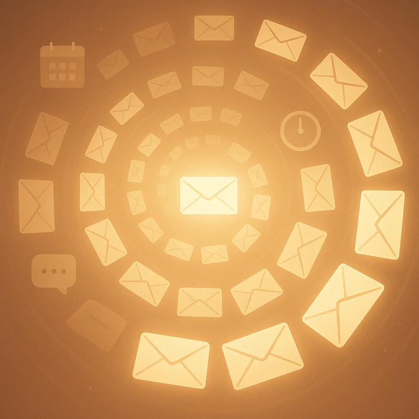 A glowing spiral of email icons symbolizing automated evergreen email sequences that run continually over time.