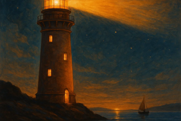 An illustration of a lighthouse shining a warm guiding light across the water at night, symbolizing clarity, guidance, and a memorable personal brand.