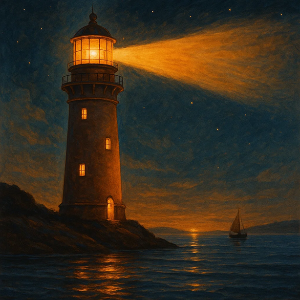 An illustration of a lighthouse shining a warm guiding light across the water at night, symbolizing clarity, guidance, and a memorable personal brand.