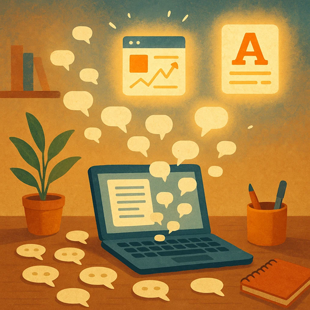 Illustration of reader comments rising from a laptop and transforming into glowing content icons, showing how feedback becomes content ideas.