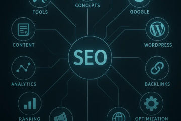 A glowing SEO diagram showing related concepts like analytics, backlinks, content, ranking, optimization, and link building.