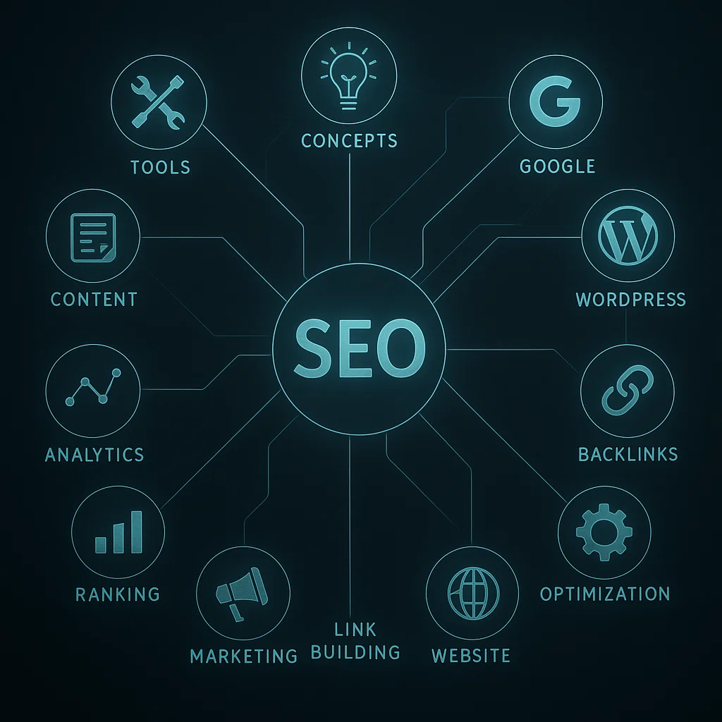 A glowing SEO diagram showing related concepts like analytics, backlinks, content, ranking, optimization, and link building.
